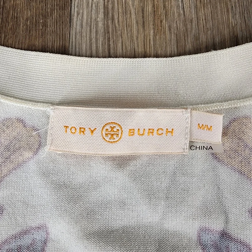 Tory Burch Women Ivory Floral Bird Print Button Front Cardigan Sweater Medium